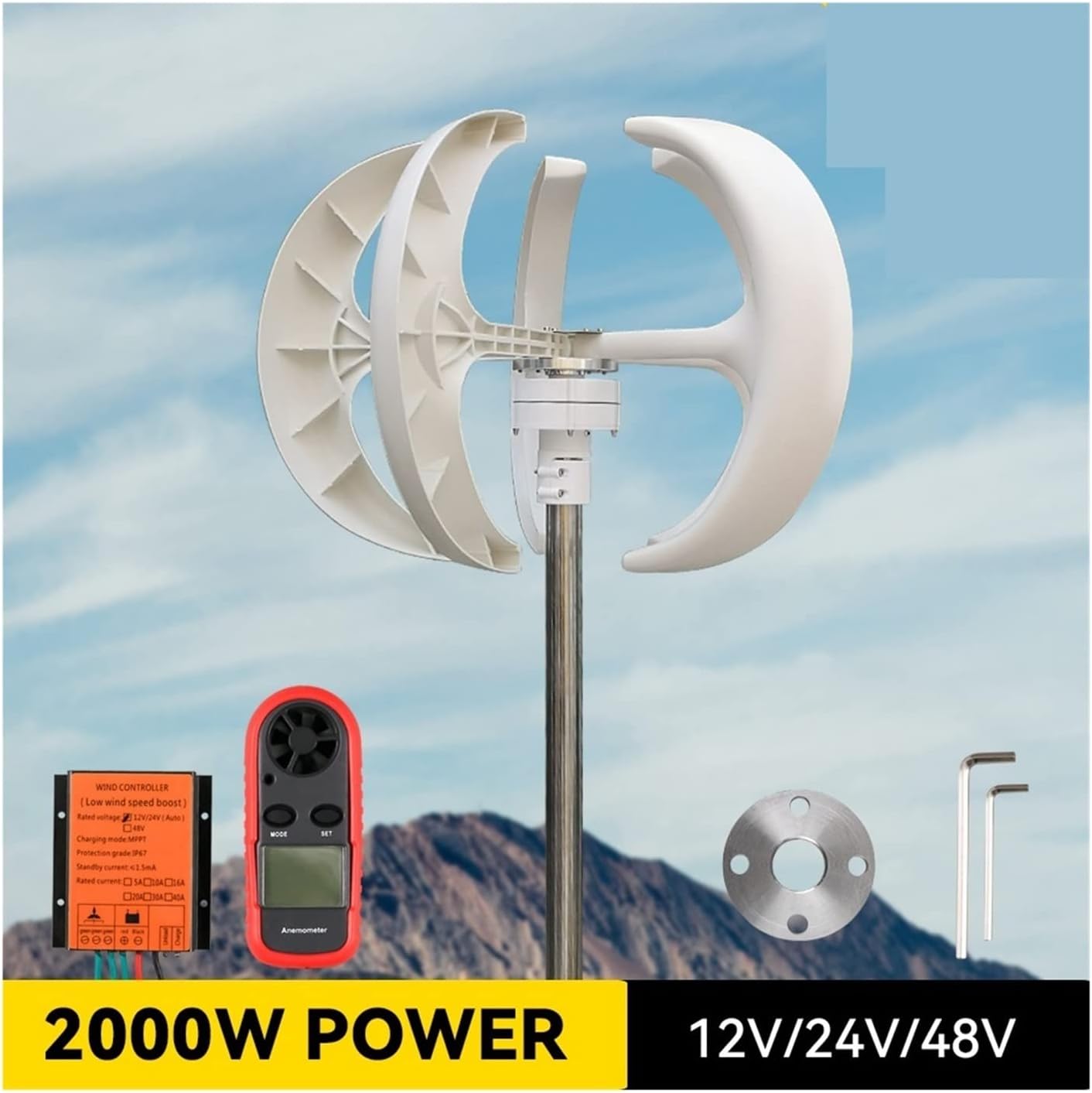 Wind Turbine, Vertical Energy Wind Turbine Windmill Generator 2000W 12v 24v 48v Low Noise Wind Speed Start with MPPT Charge Controller(Red,with MPPT Controller_24V)