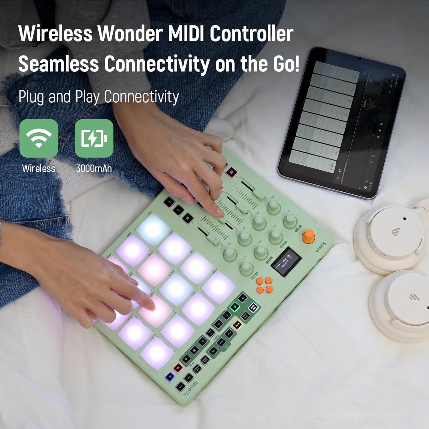 Synido Wireless Audio Interface Live Sound Card and Midi Pad Controller, Portable Beat Maker Machine with Drum Pads