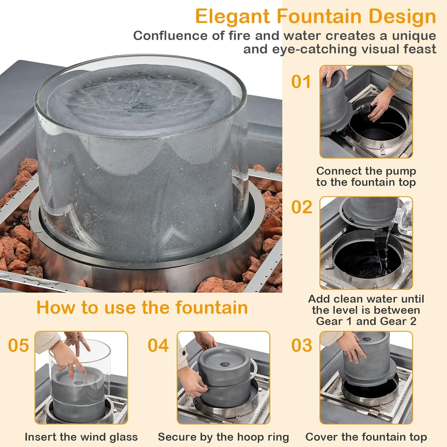 Giantex Fountain Fire Pit Table - 50,000 BTU Square Fire Table w/Middle Fountain, Wind Glass, Stainless Steel Burner, PVC Cover, CSA & UL Certificated, 28” Firepit for Patio, Poolside, Backyard,Gray