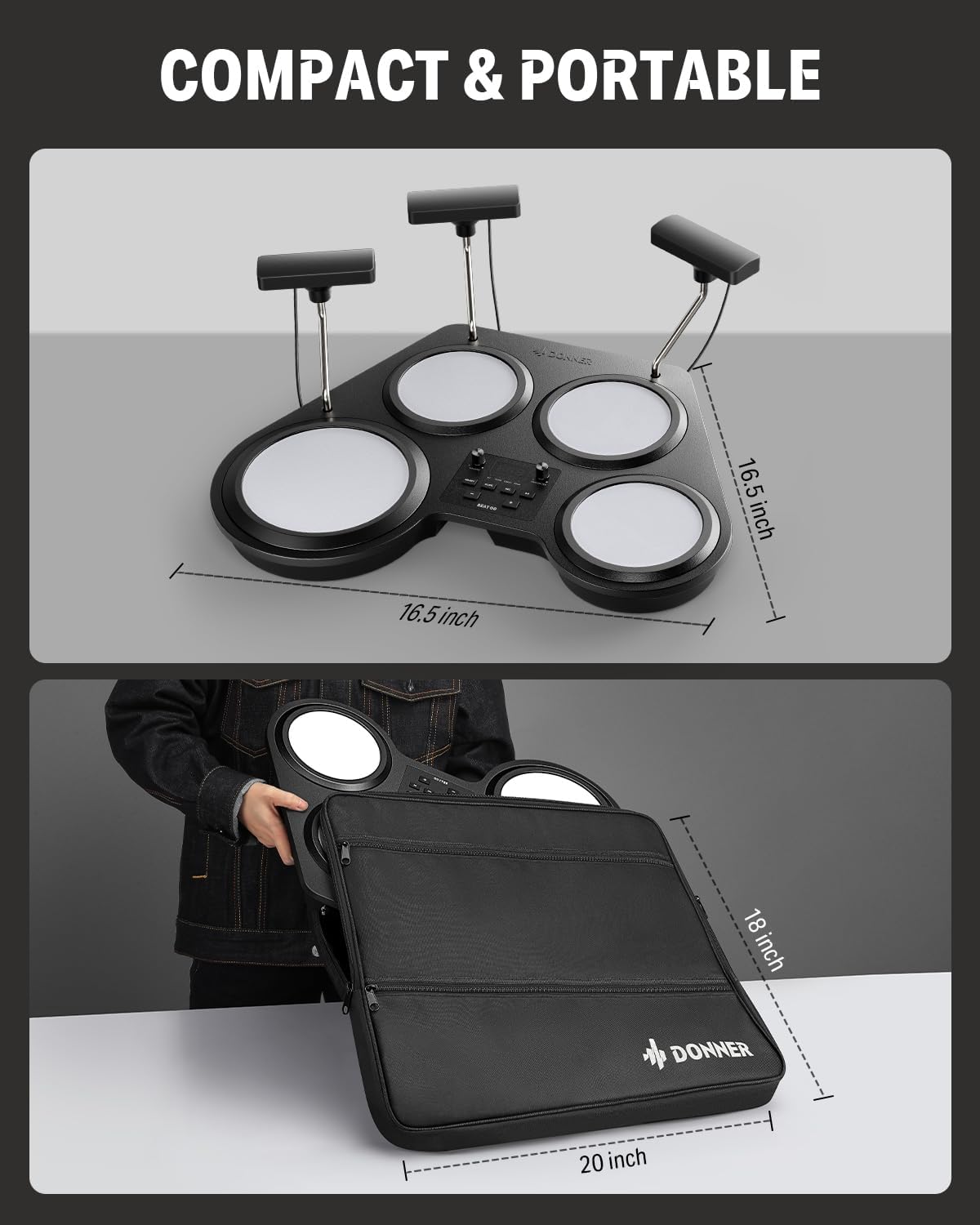 Donner Beat Go Electronic Drum Set, Portable Electric Drum Kit with Training Lessons for Beginners, Compact Table Drum with Drumstick and Backpack, 180 Voices 30 Demo Songs 15 Drum Kits