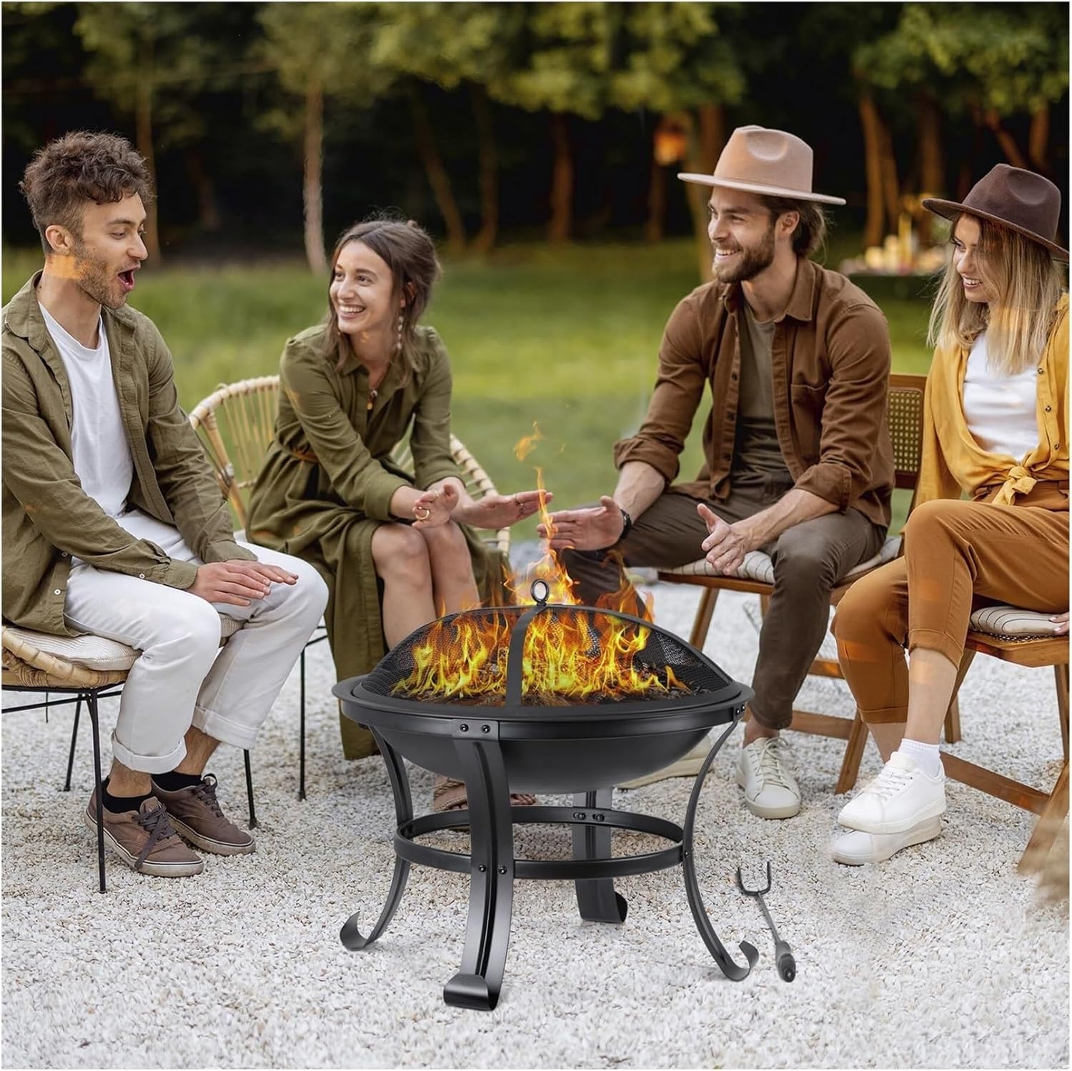 22 Inch Outdoor Fire Pit Steel Wood Burning Firepit with Mesh Screen, Fire Poker & Log Grate for Patio, Camping and Backyard BBQ