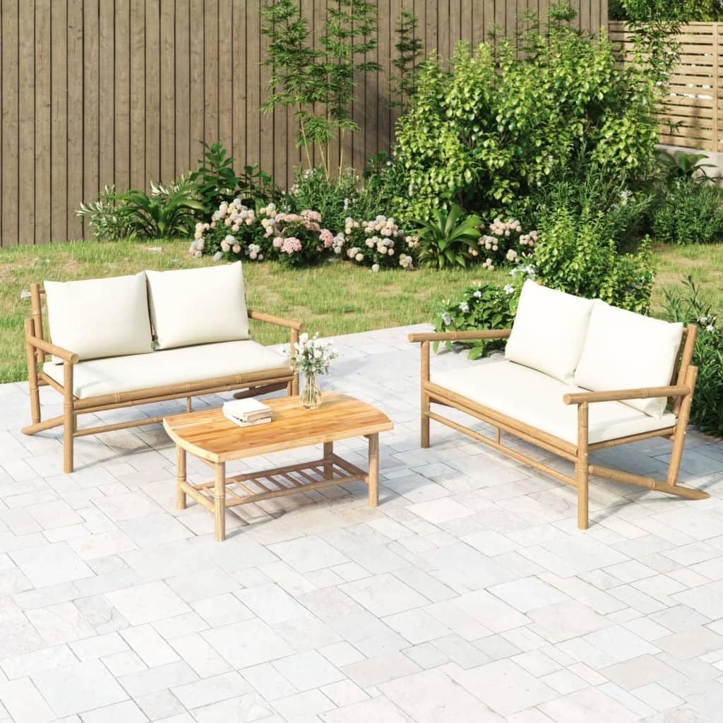 3 Piece Patio Lounge Set with Cream White Cushions Bamboo,Rustic Bamboo Patio Lounge Set with Comfortable Cushions and Modular Design for Outdoor Spaces Furniture Sets for Patio, Lawn & Garden