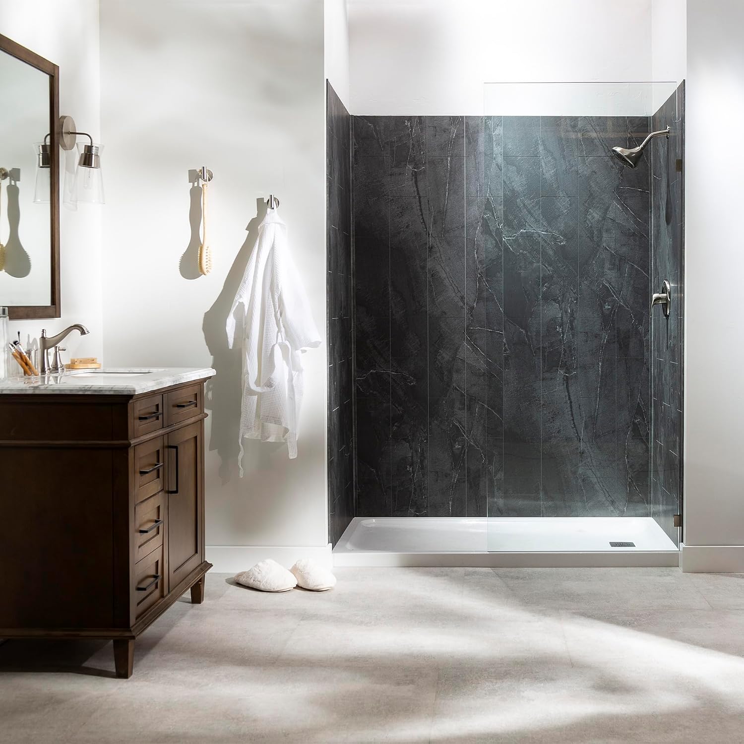 Palisade 78in x 60in x 36in Waterproof Vinyl Shower Surround Kit with Accessories in Urban Quarry