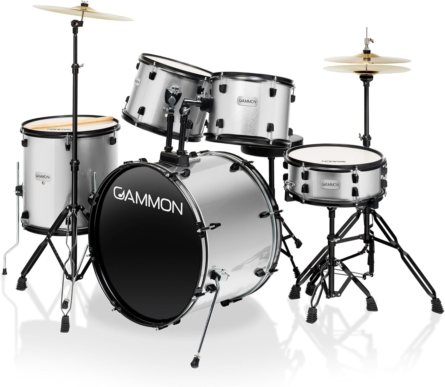 Gammon Percussion Full Size Complete Adult 5-Piece Drum Set with Cymbals, Stands, Stool, and Sticks - Silver