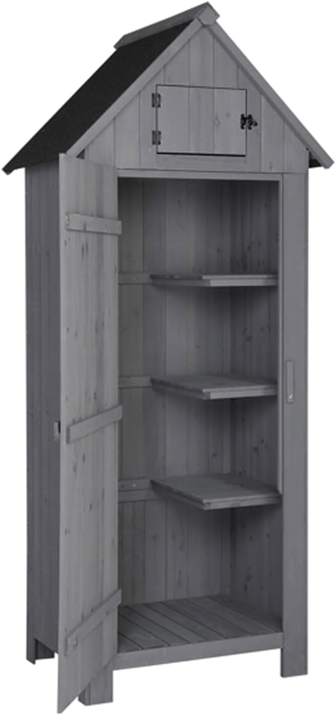 Garden Tool Shed Outdoor Wooden Storage Cabinet with 3 Shelves, Waterproof Roof and Latch, Outside Shed Closet House with Single Door for Yard Patio Lawn Deck, Gray