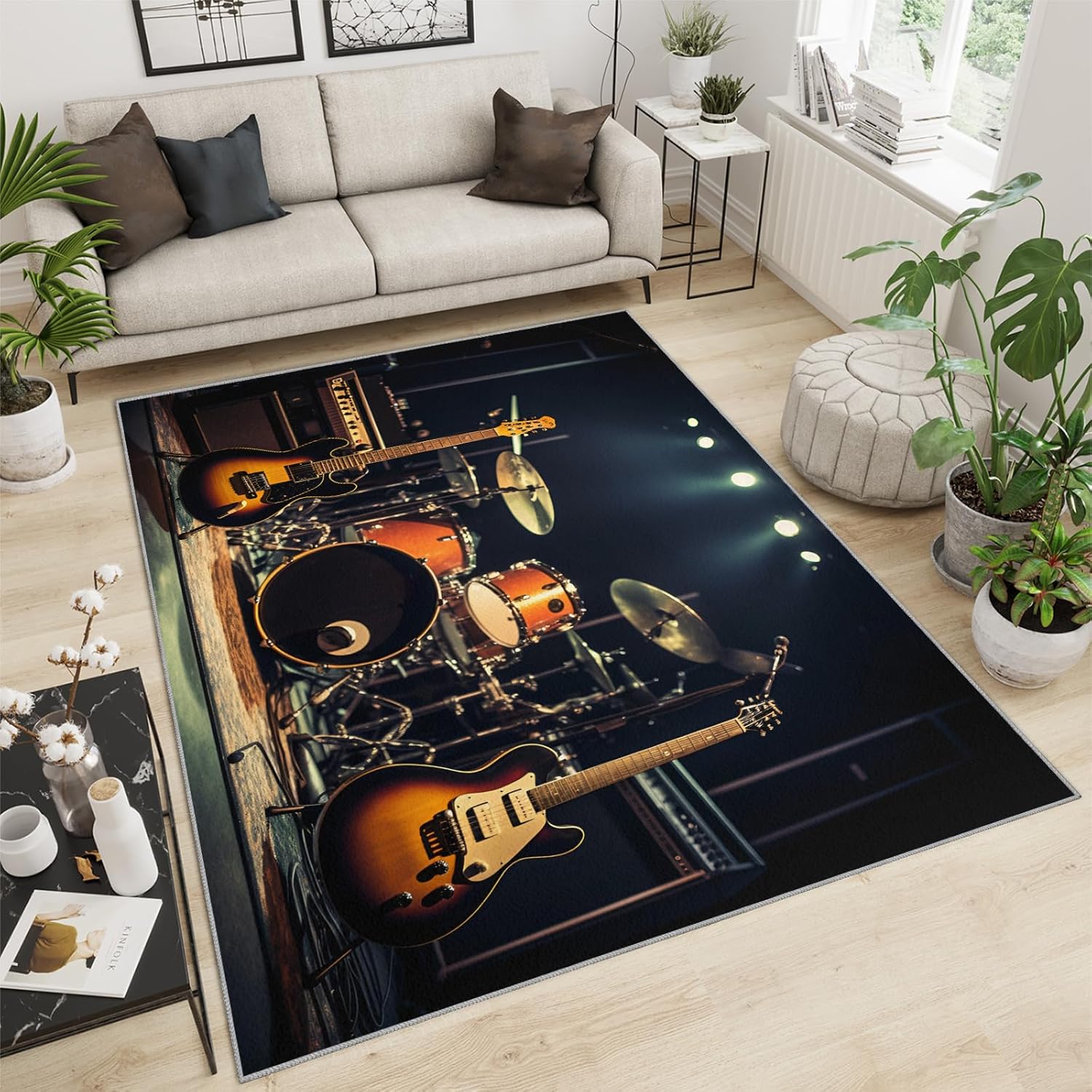 Large Area Rug 7x10 Rock Stage Rug, Instruments Rugs for Living Room, Guitar and Drum Beats Rug, Machine Washable Breathable Carpet for Bedroom Floor Decor Study Dining Room