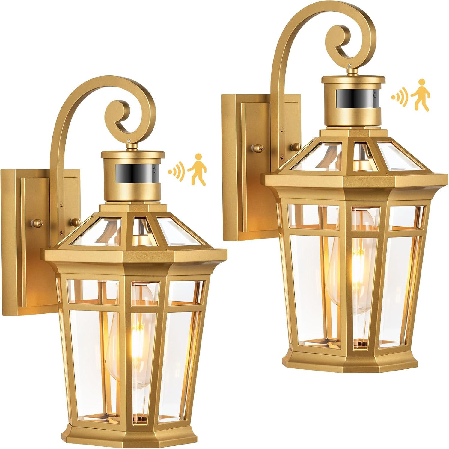 Motion Sensor Outdoor Wall Lights, 2-Pack Outdoor Porch Lights Wall Mount, Gold Exterior Wall Sconce Lantern, Anti-Rust Patio Wall Light Fixture, Outside Garage Lights, Adjustable Sensitivity