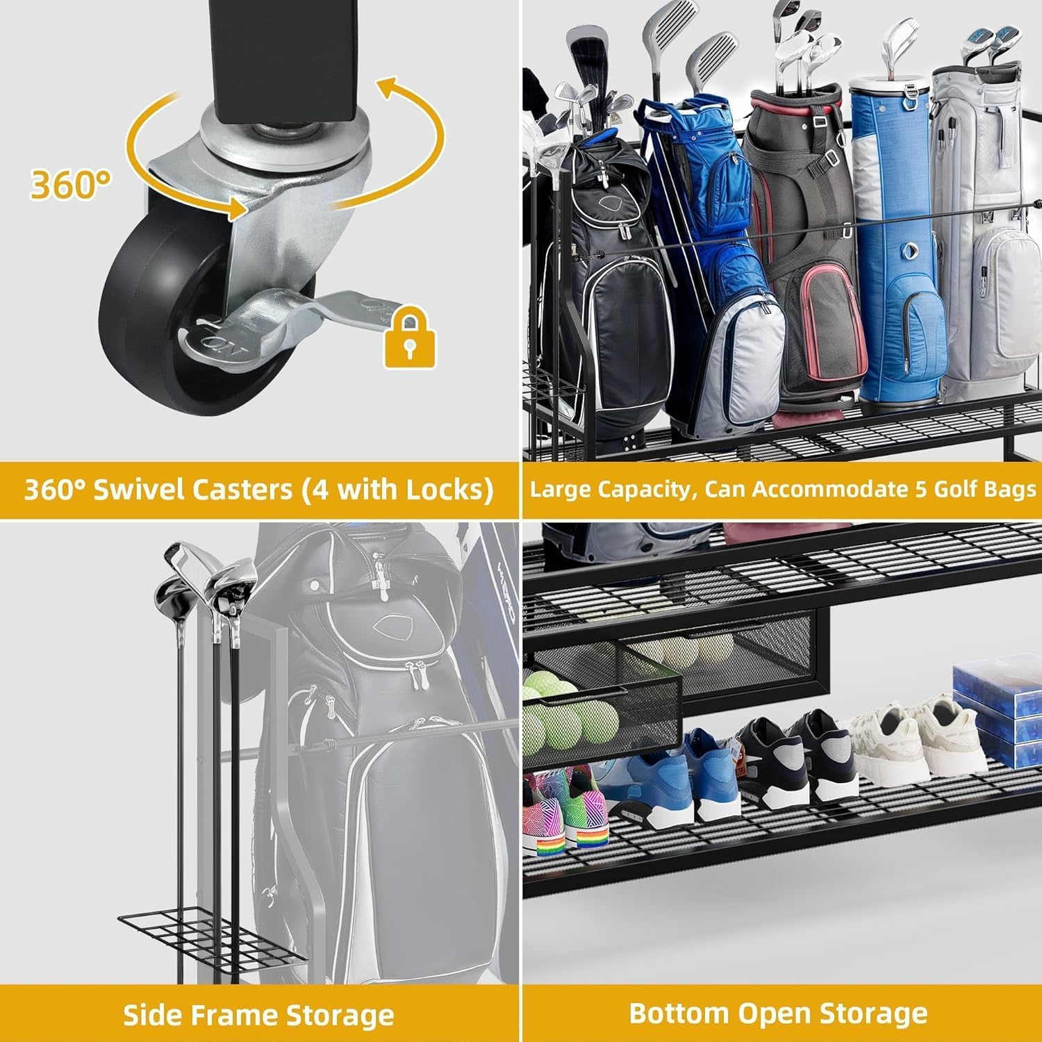 DWVO Golf Bag Organizer for Garage, Golf Storage Organizer w/Wheels for Garage Club and Shed, Golf Bag Storage Rack w/Drawer for Golf Bags, Clubs, Balls and Other Equipment Accessories