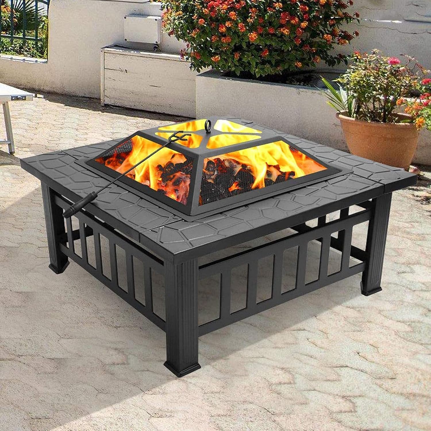 Garden Fire Pit Grill Bowl Grill Barbecue Rack Fire Pit Outdoor Wood-Burning fire Pit Table, Villa Courtyard Three-in-one Barbecue, ice Pit, Heater Square fire Pit