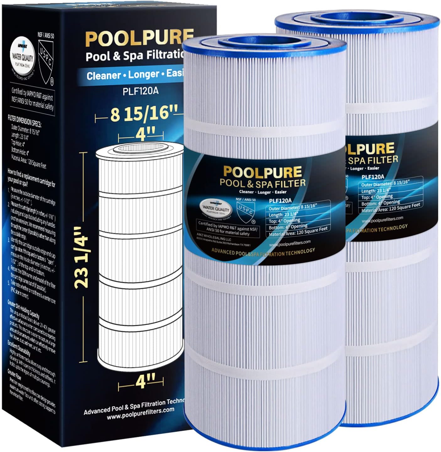 POOLPURE PA120 Pool Filter Replaces Hayward C1200, CX1200RE, Unicel C-8412, Filbur FC-1293, Clearwater II 125, Waterway Pro Clean PCCF-125, 817-0125N, 120 sq.ft Cartridge, 2 Pack