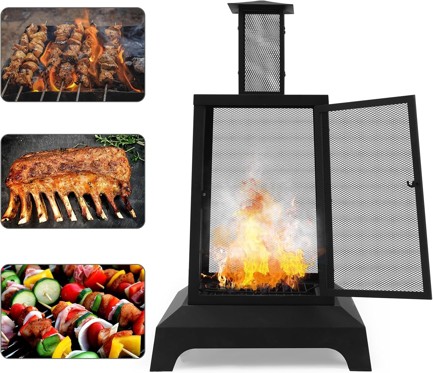 Walsport Chiminea Outdoor Fireplace, 43 Inch Wood Burning Fire Pit with Grill Grate and Spark Screen Cover, Outdoor Fire Pit for Patio, Backyard, Deck Porch and Camping (Black) ﻿