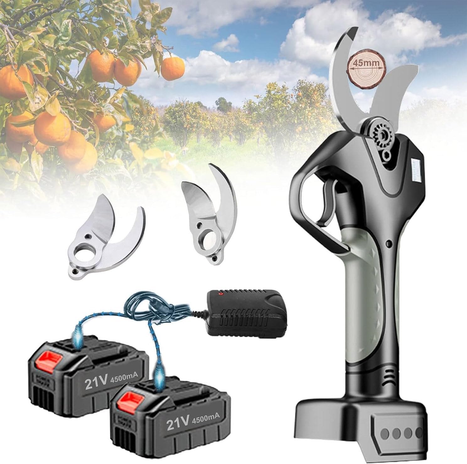 Cordless Pole Pruning Shears, 45mm Electric Garden Secateur, Long Reach Pruner Branch Scissors with 2.1m Telescopic Pole, LCD Display Screen, for Hedge, Bush, Orchard,WithoutExtensionPole