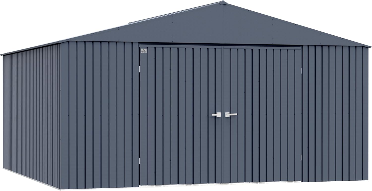 Arrow Shed Elite 14' x 14' Tall Outdoor Steel Storage Shed with High Gable and Lockable Doors Storage Building, Anthracite