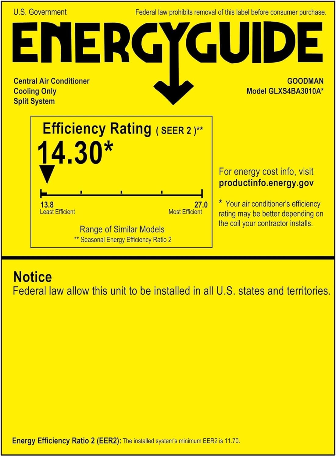 Goodman 2.5 TON 15.2 SEER2 R-32 AC Only System and Front return air handler with 5kW heat kit (GLXS4BA3010 condenser and AWST30LU1305 air handler)