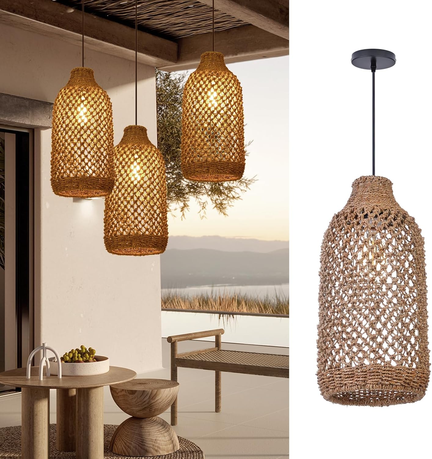 Arturesthome Boho Rattan Pendant Light Fixtures, Farmhouse Natural Ceiling Chandelier Lighting,Retro Wicker Hanging Lamp for Kitchen Dining Room 8.6