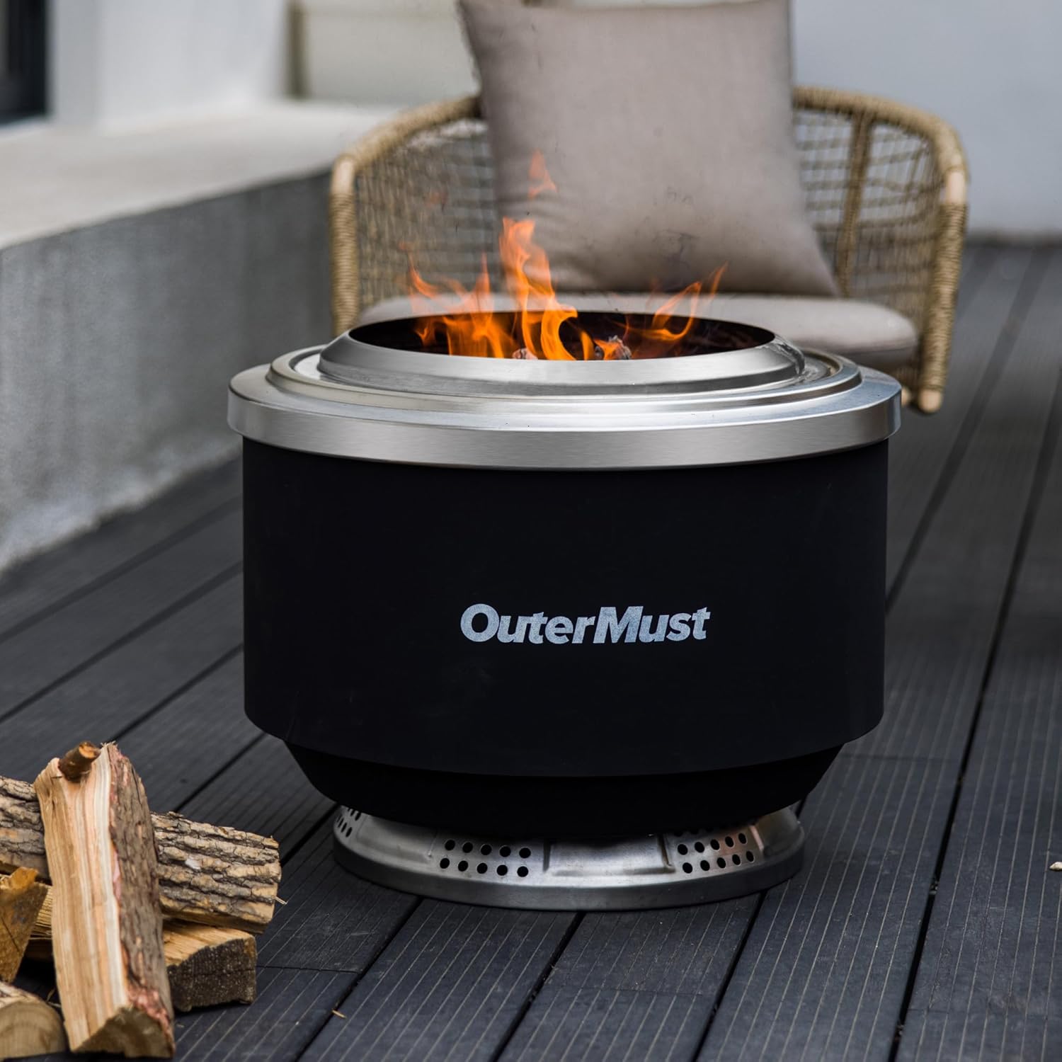 24 Inch Smokeless Fire Pit for Outside with Deck Safe Stand Wood Burning Outdoor Fireplace with Ash Pan for 5-7 Persons Stainless Steel Portable Bonfire for Patio, Deck, Backyard & Camping