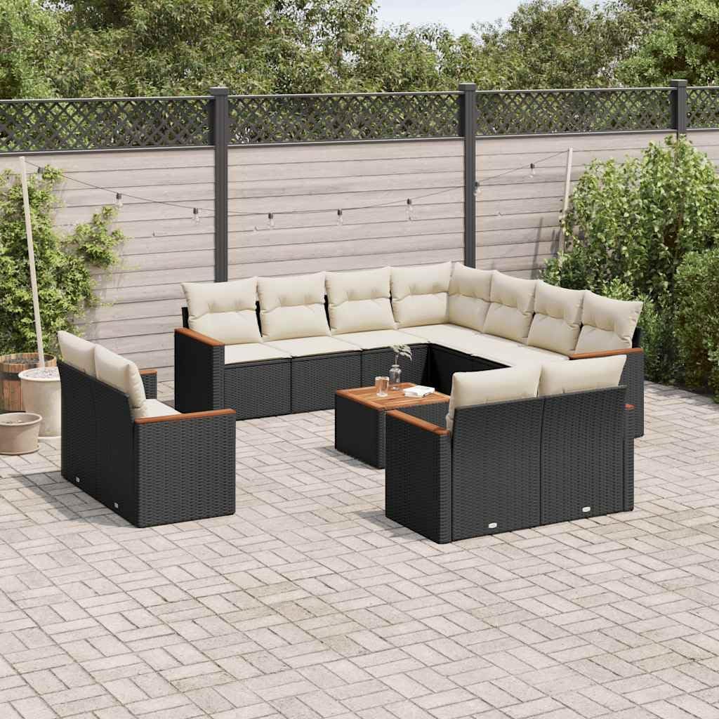 12 Piece Black PE Rattan Modular Garden Sofa Set with Cream Cushions for Outdoor Patio Seating, Weather-Resistant and Spacious Lounge Furniture