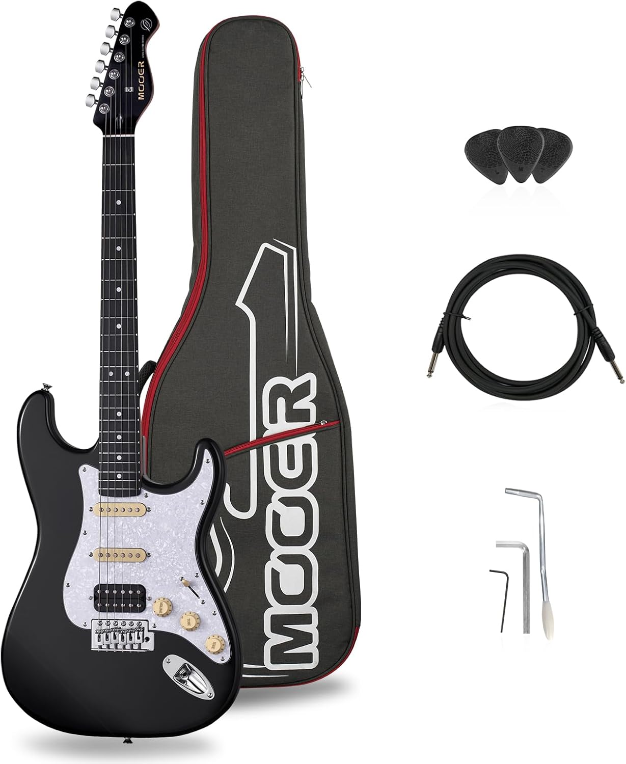 MOOER Electric Guitar Black Beginner Practice Guitar Kit, 25.5