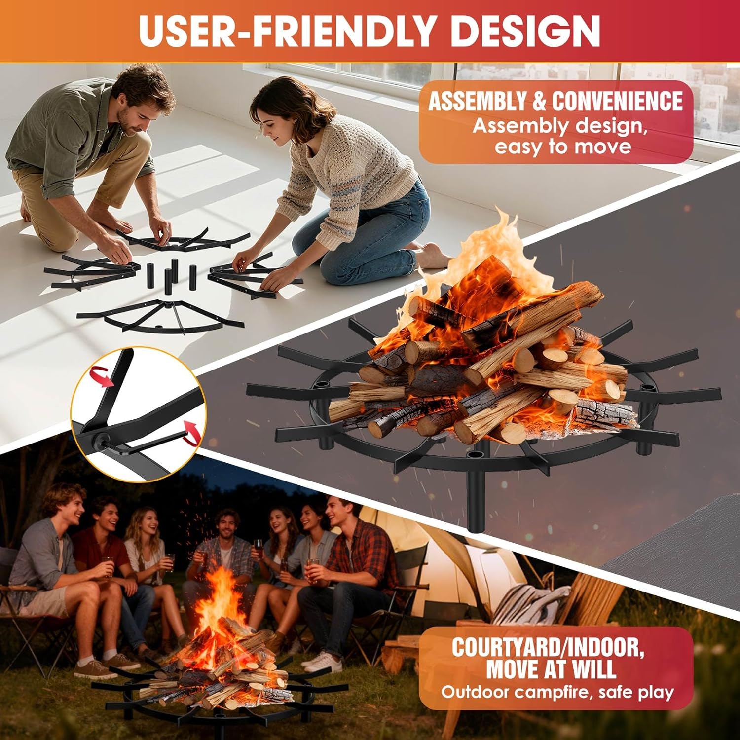 Fire Pit Grate & Fireplace Grate, Heavy Duty Heat Resistant Campfire Grill for Campfires and Outdoor fire pits(Black, 26 in)