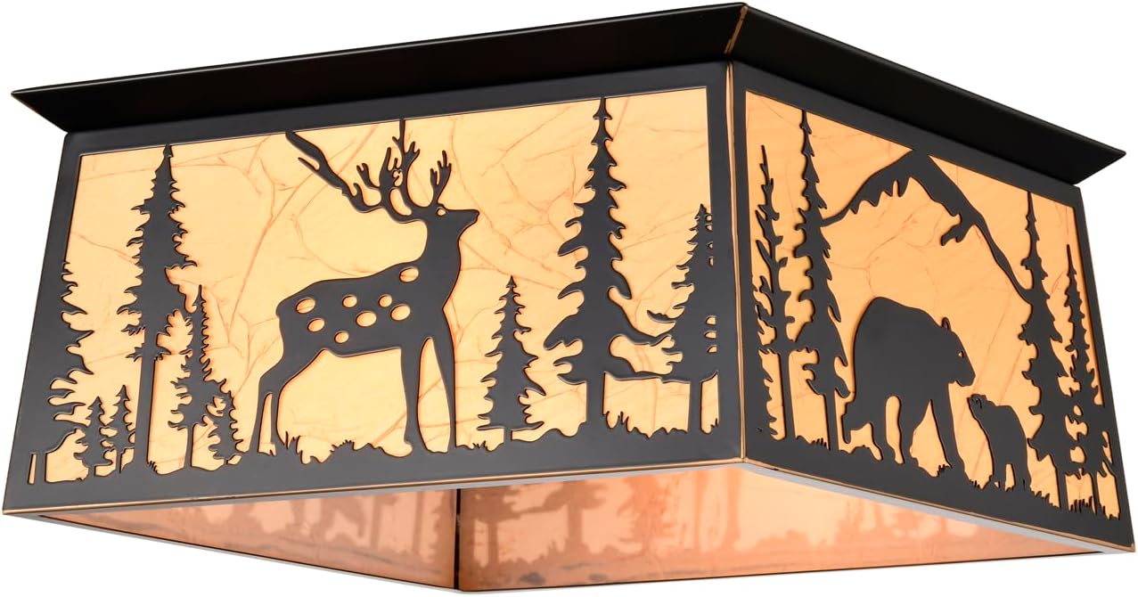 Farmhouse Flush Mount Ceiling Light,Rustic Yellow Parchment Deer Bear Close to Ceiling Light Fixtures,Square Metal Light Fixtures Ceiling Mount,2-Light Black Chandelier for Kitchen,Bedroom,Living Room