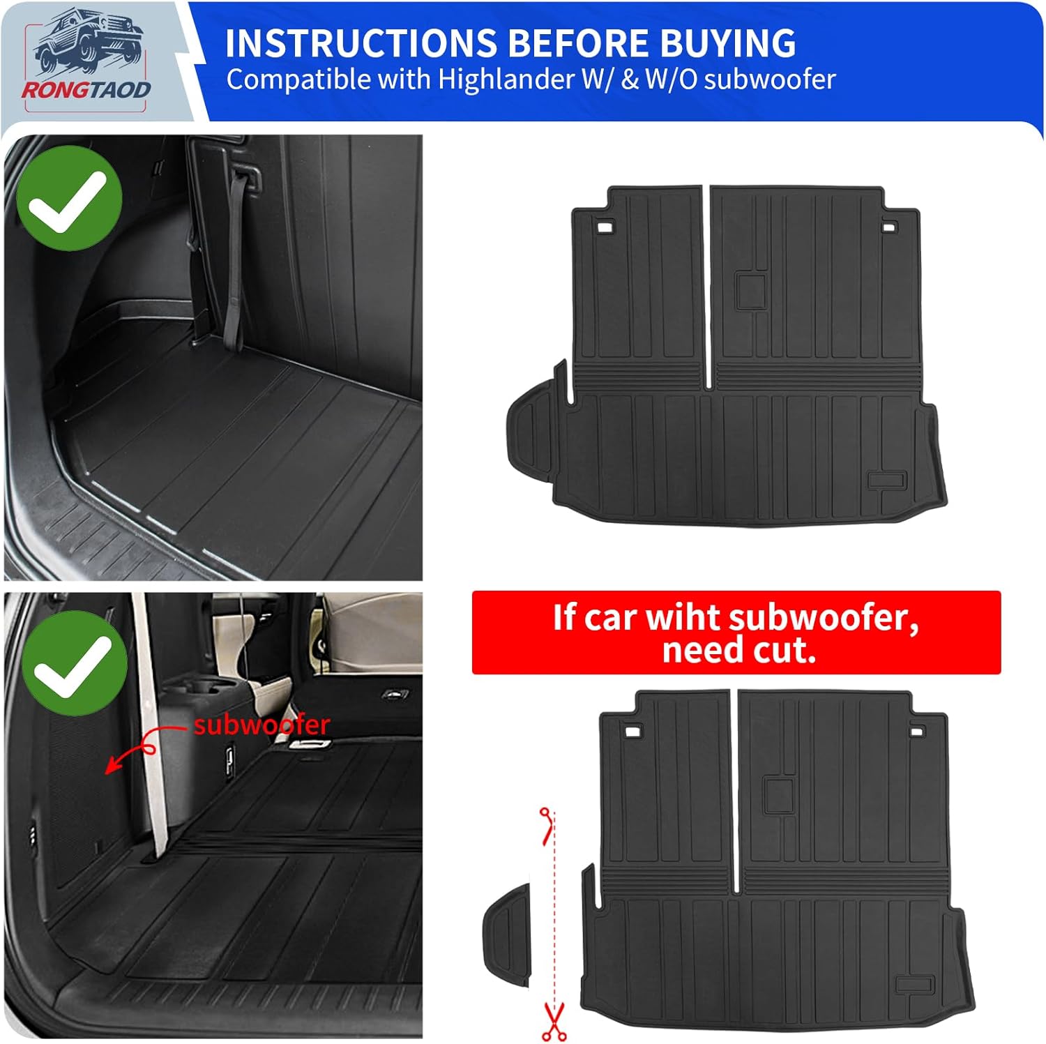 Rongtaod Floor Mat Compatible with 2020-2025 2026 Toyota Highlander Trunk Mat Cargo Mat Cargo Liner Back Seat Cover Floor Liner 2024 Highlander Accessories (Trunk Mat with Backrest Mat+Floor Mats)