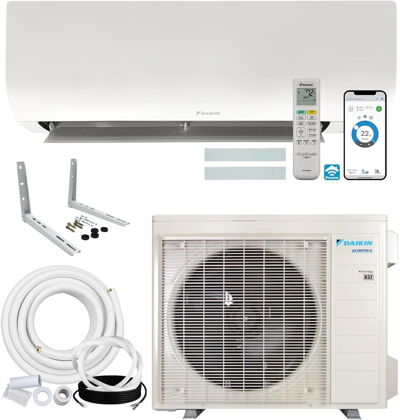 Daikin 9,000 BTU 21 SEER2 Aurora Low Ambient Ductless Mini Split Air Conditioner Heat Pump with Maxwell 15 ft. Installation Kit and Bracket - Wi-Fi Enabled R32