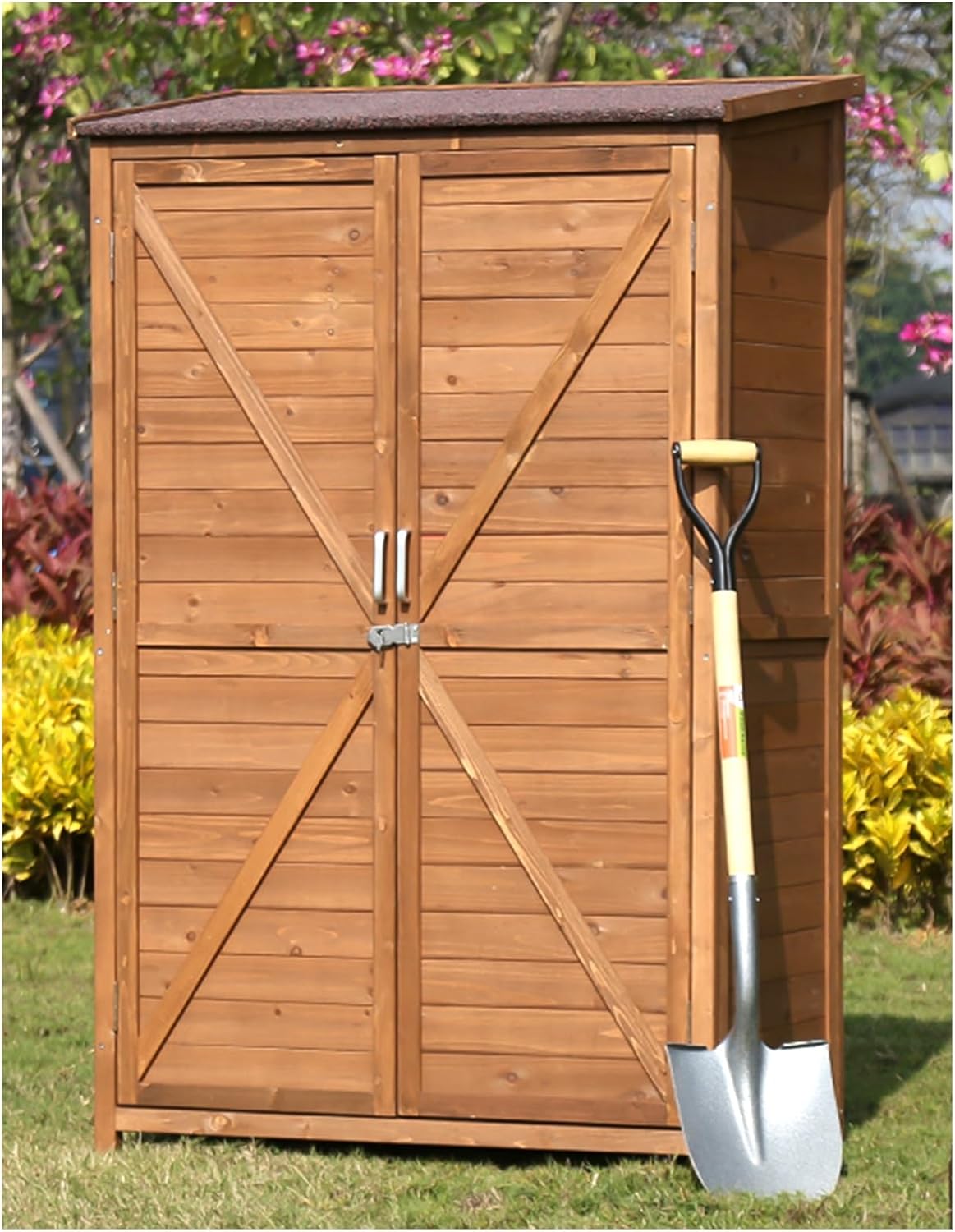 Rainproof Outdoor Storage Shed, Multi-Purpose Storage Cabinet, Backyard Wood Storage Organizer, Weather Resistant Garden Container with Shelves, for Lawn Mower, Garden Tools(Brown)