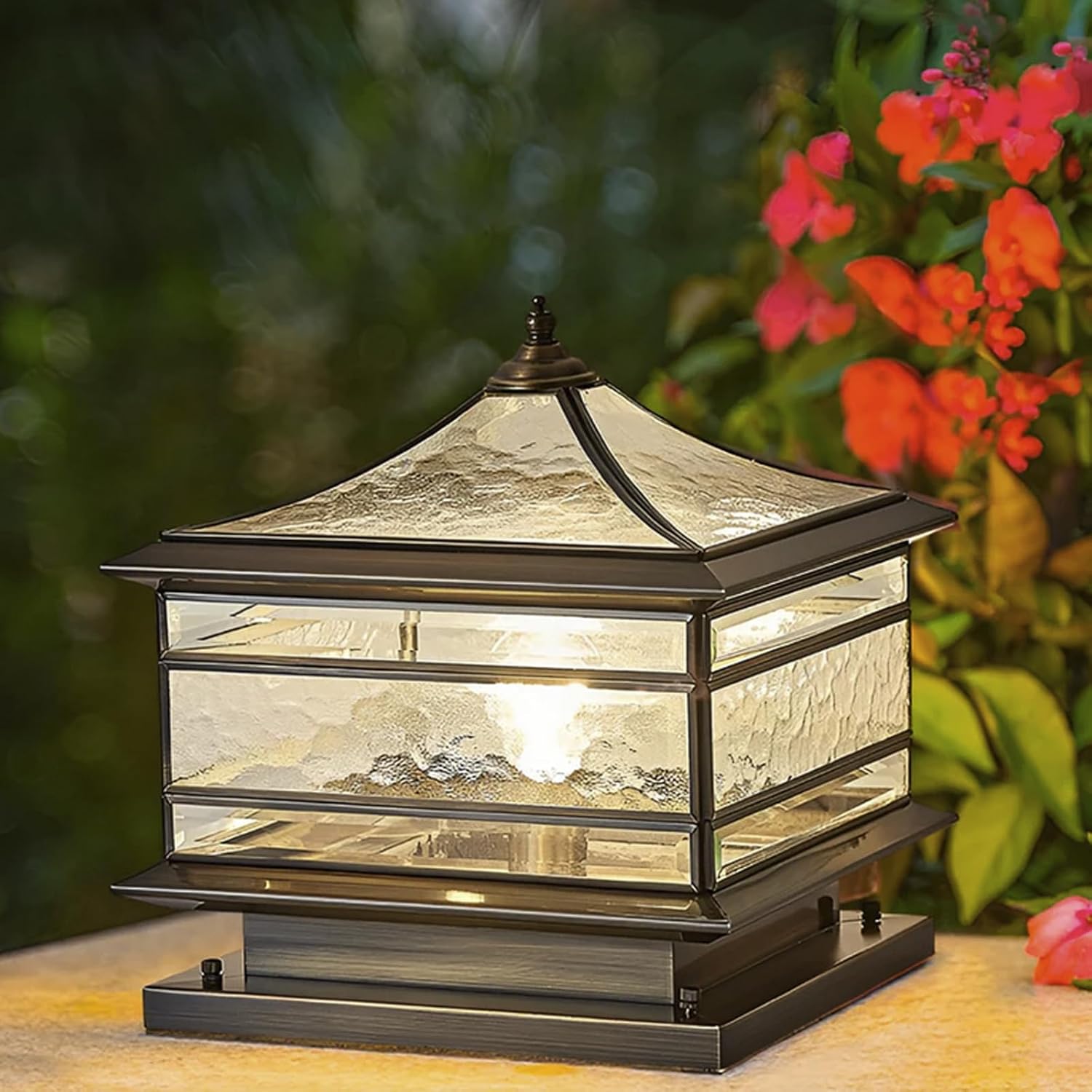 All Copper Steel Glass Outdoor Post lights, Waterproof Pillar Light, Vintage Patio Lawn Column Lamp,outdoor column lights,Deck Lights, Lantern Fence Lamp Fixture E26 Base (Wiring E26 Base, 12X12in)