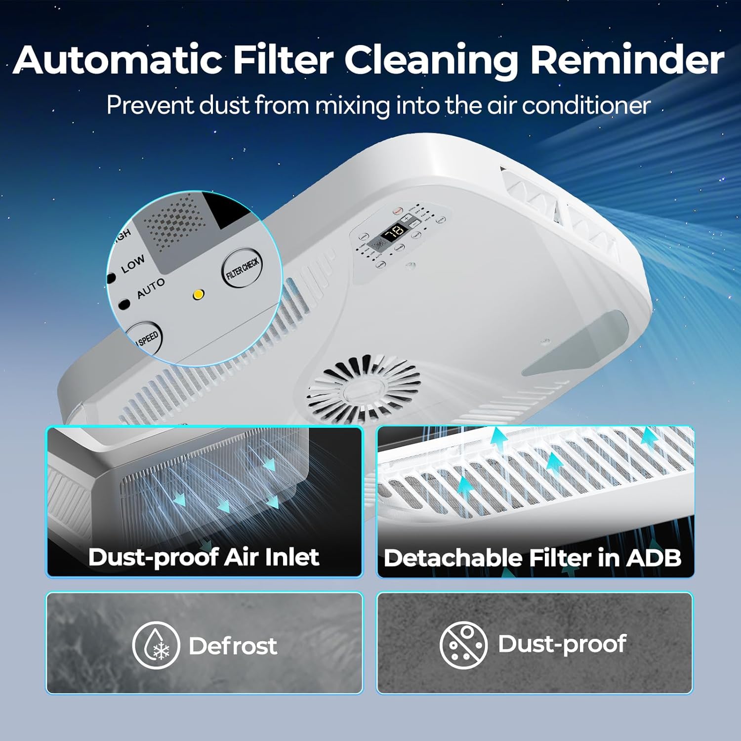 FOGATTI RV AC Unit 16K BTU, with heat pump and Cooling, with WiFi and Remote Control, Quiet AC, Low Profile Rooftop Air Conditioner RV Easy Install Non-Ducted, White, InstaCool Ultra