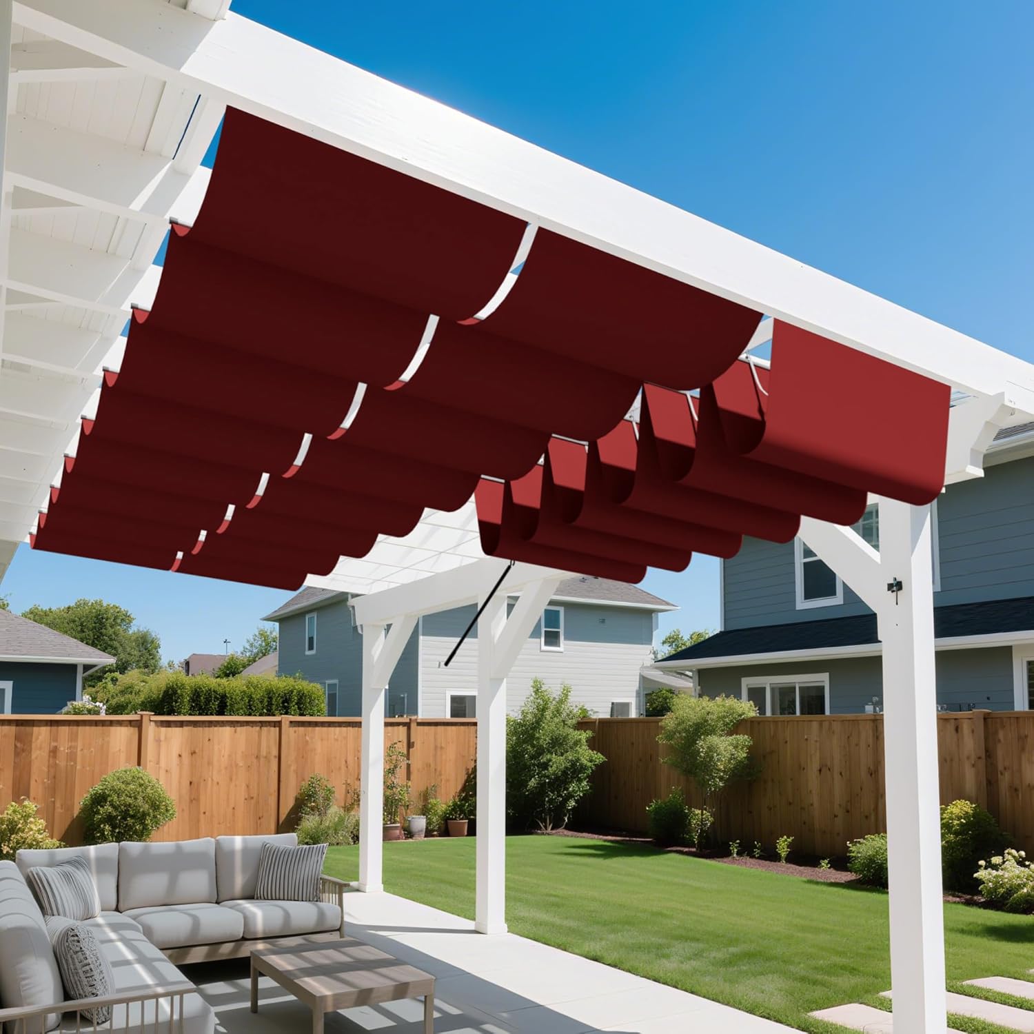7'W x 38'L Waterproof Pergola Cover Retractable Shades Canopy 220 GSM Replacement Pergola Kit for Outdoor Patio Gazebos Deck, Wave Sun Shade Sail with Hardware Wire Cable, Red