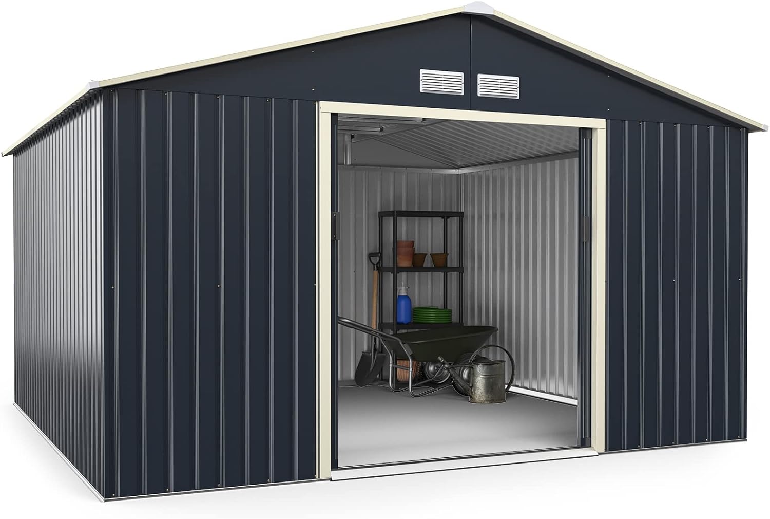 Goplus Storage Shed, Metal 11’ X 10’ Outdoor Building Organizer with 4 Vents & Double Sliding Door for Garden Backyard Farm (11'X10')