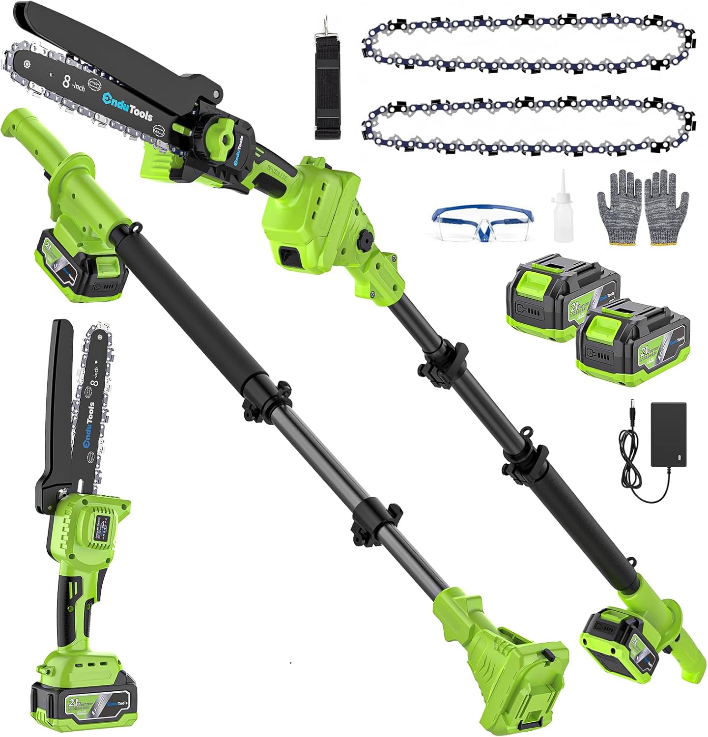 Pole Saw Battery Powered with Mini Chainsaw 8 Inch, Extension Pole, Tool-Free Chain Tension, 4.0Ah Batteries, Extra Chains, Up to 15FT Reach, Cordless Pole Chainaw for Tree Pruning & Branch Trimming