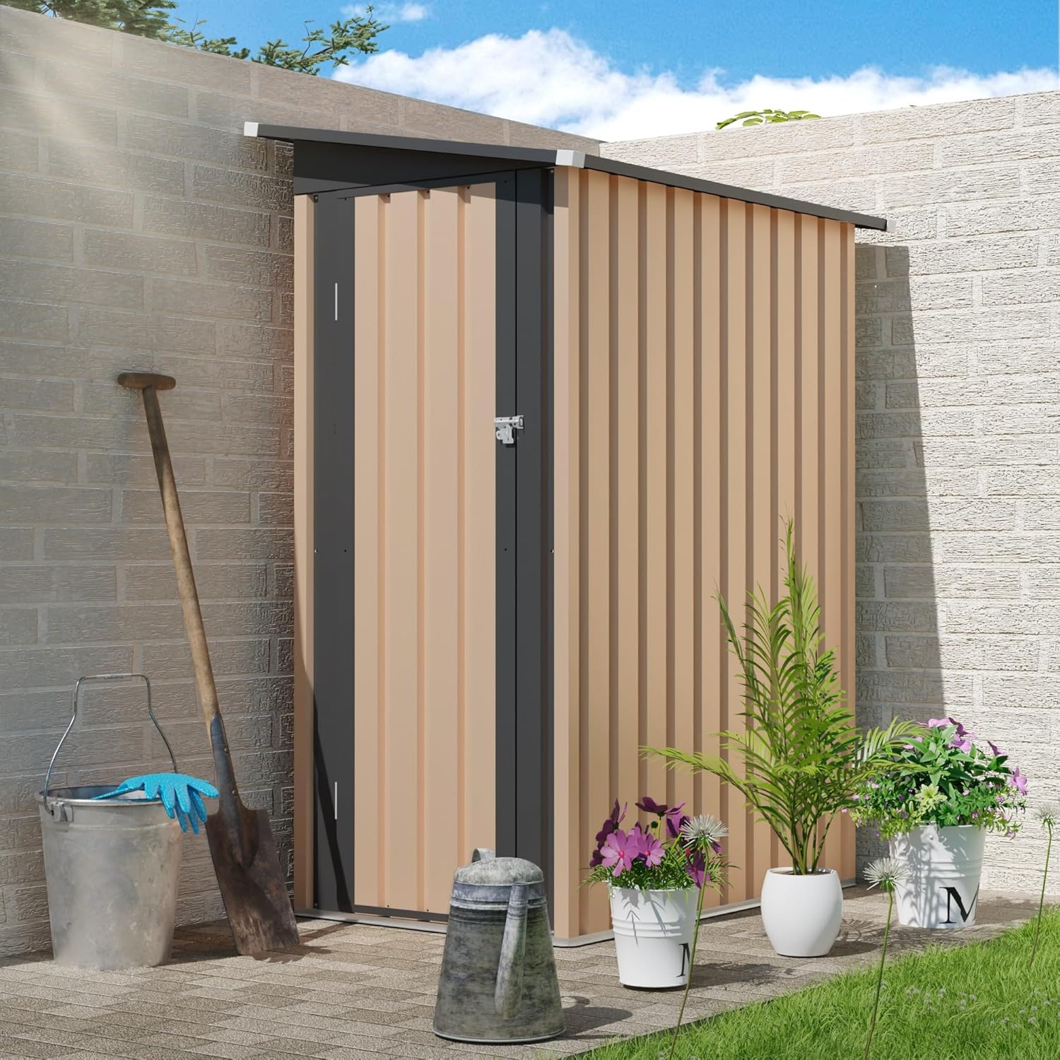 4.27 FT x 2.42 FT Metal Garden Shed – 5 X 3 FT Pent Roof with Side Hinge Door, High-Strength Galvanized Steel, Corrosion-Resistant Storage Solution