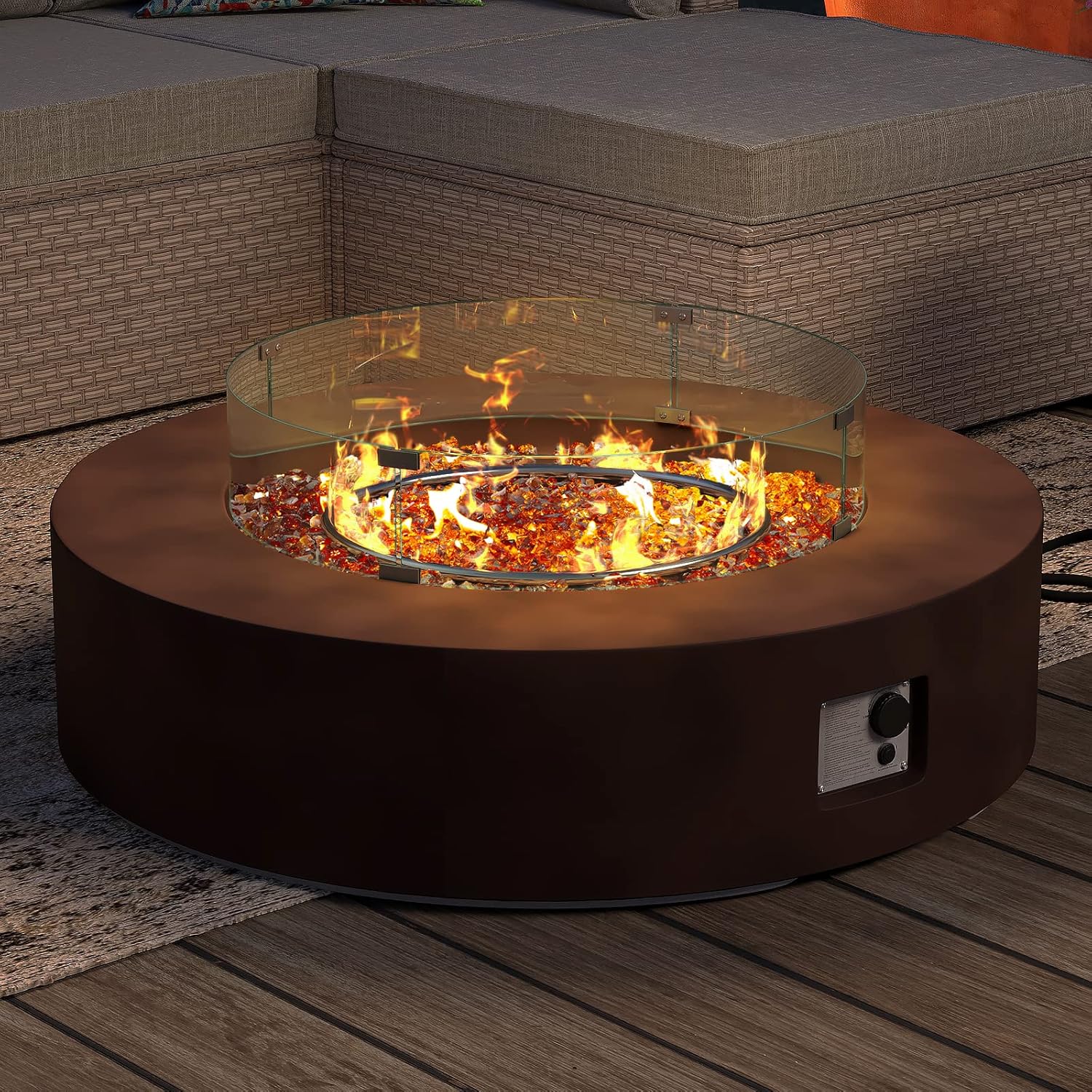 SUNBURY Outdoor Propane Fire Pit 42 Inch Round Fire Pit Table, 50,000 BTU Dark Brown Propane Gas Fire Pit for Outside w Brown Fire Glass & Glass Wind Guard