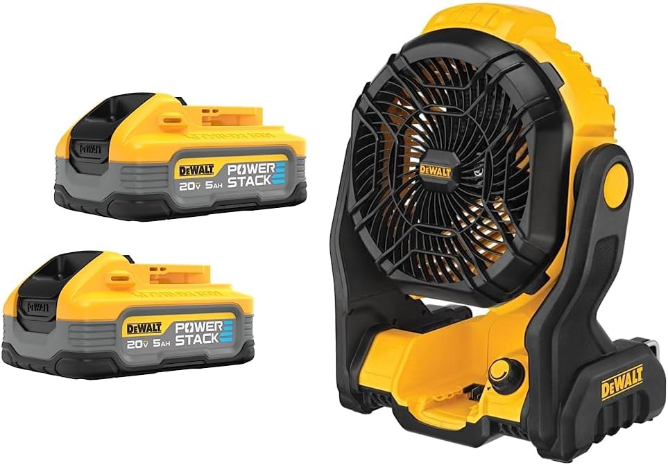 DEWALT Powerstack 20V MAX Battery, Rechargeable, 5Ah, Lithium Ion, 2-Pack (DCBP520-2) & 20V MAX Jobsite Fan, Cordless, Portable, Bare Tool Only (DCE512B), 12x8x14 inches, Yellow/Black
