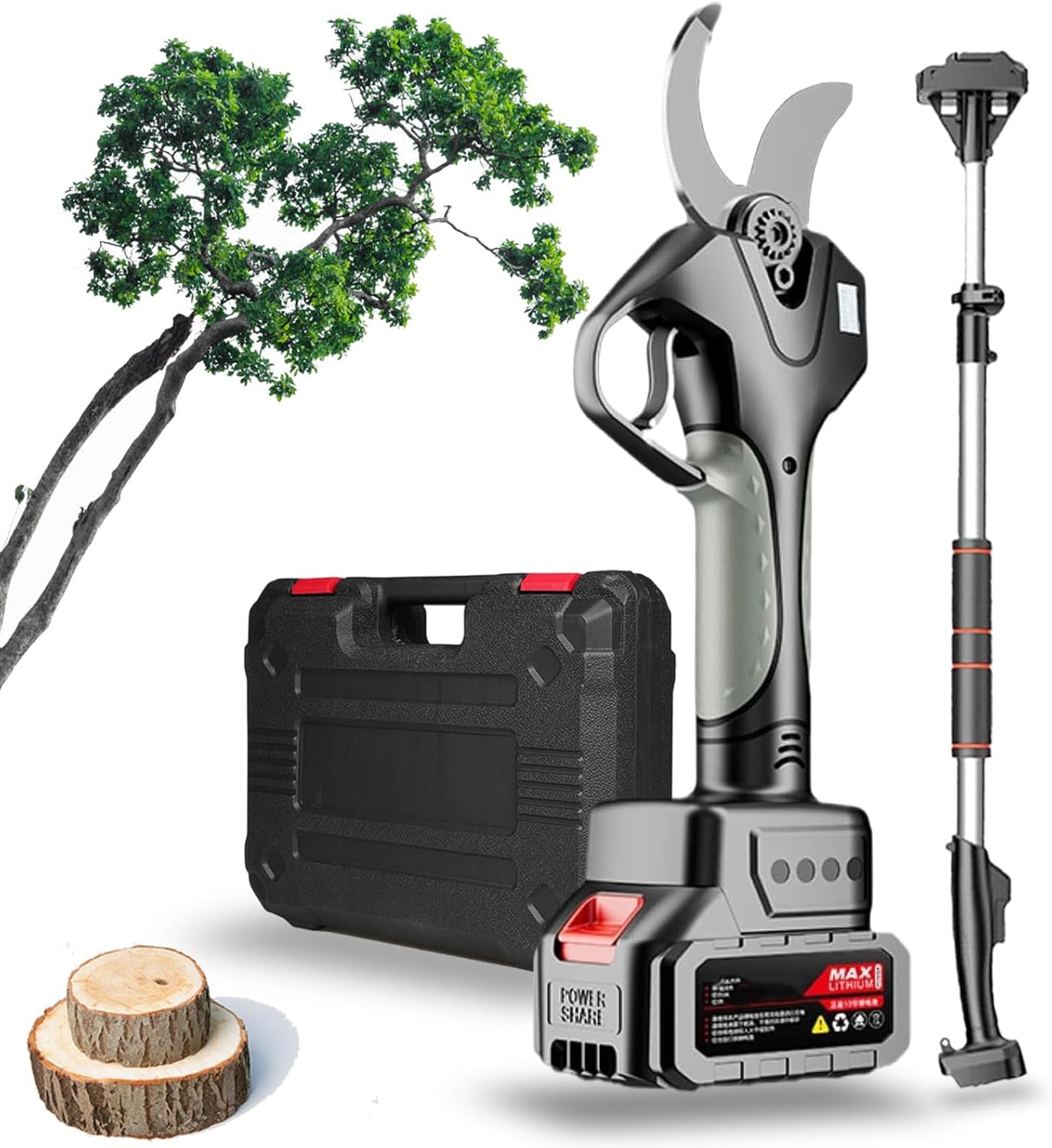 Cordless Electric Pruning Shears, Professional Battery Branch Cutters for Orchards, with 2.1m Extension Poles, Max Cutting Diameter 78mm, for Pruning, Gardening,‎1Battery