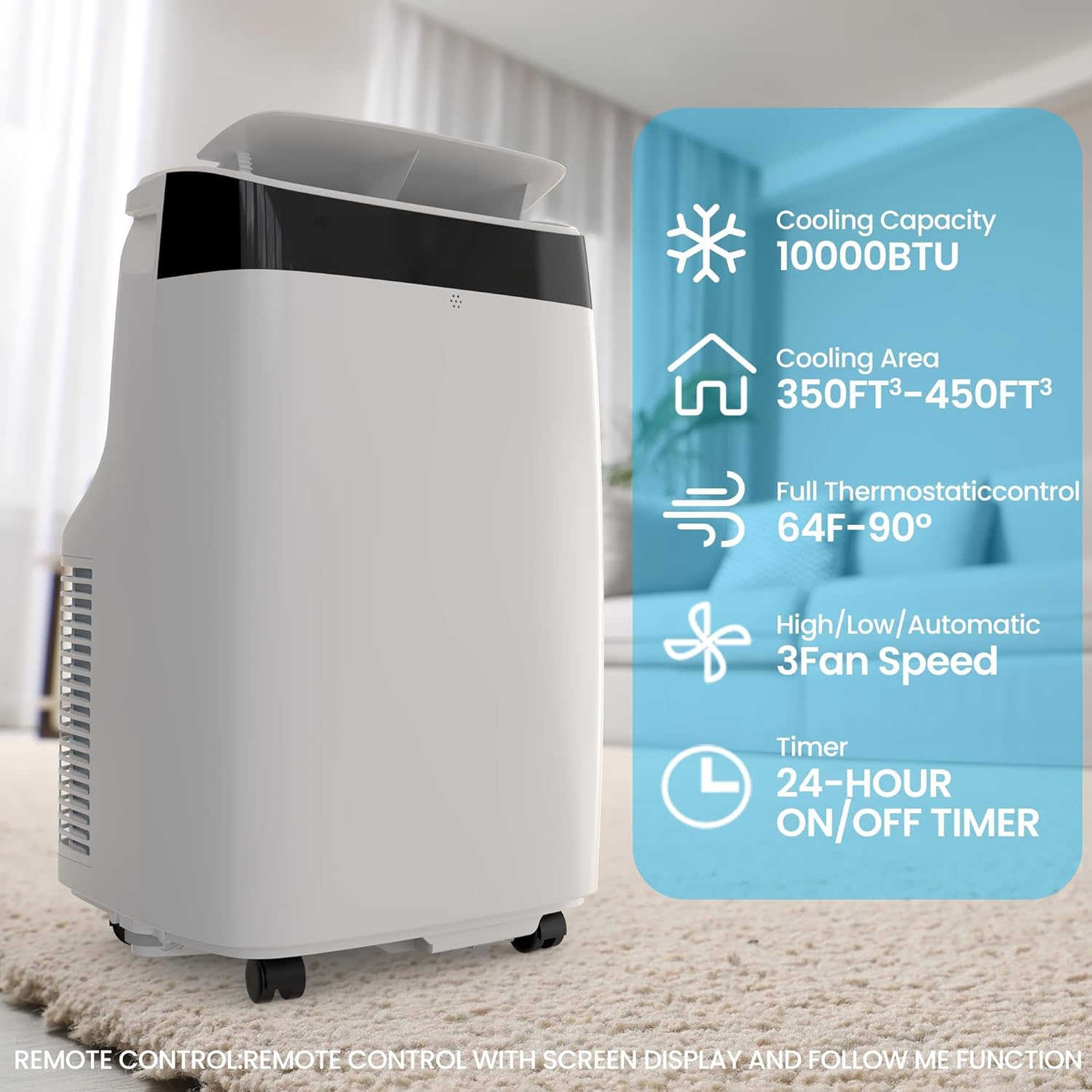 10000 BTU Portable Air Conditioner with Remote Control/24H Timer/Window Venting Kit,3 in 1 Portable AC,Cooling,Dehumidifier,Fan Cooling Up to 450 sq.ft.for Bedroom, Living Room,Office