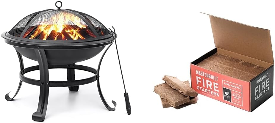SINGLYFIRE 22 inch Fire Pit for Outside Outdoor Wood Burning Small Bonfire Pit Steel Firepit Bowl & Masterbuilt Fire Starters, 48 Count