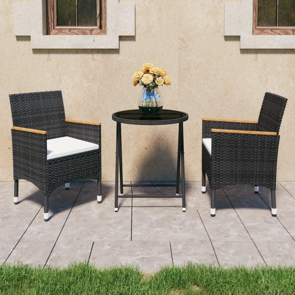 3-Piece Outdoor Bistro Set, Black Cream PE Rattan Patio Furniture, Round Tempered Glass Table, Foldable Balcony Dining Set for Garden