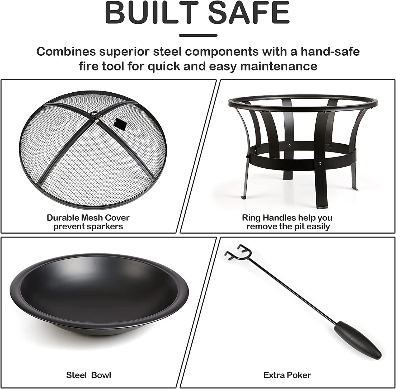 Generic 22InFire Pit Bowl Wood Burning with Protective Grille & Poker Multifunctional for Heating/BBQ Garden Patio Fire Pot,Portable BBQ Grill for Camping Beach Bonfire Picnic Garden, black