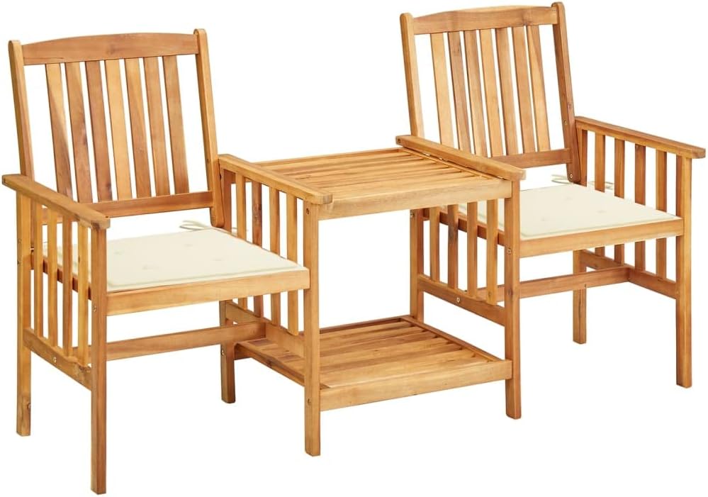 Patio Chairs with Tea Table and Cushions Solid Acacia Wood,Rustic Acacia Wood Bistro Set for Patio and Garden with Cushions Outdoor Furniture Sets, Patio Furniture