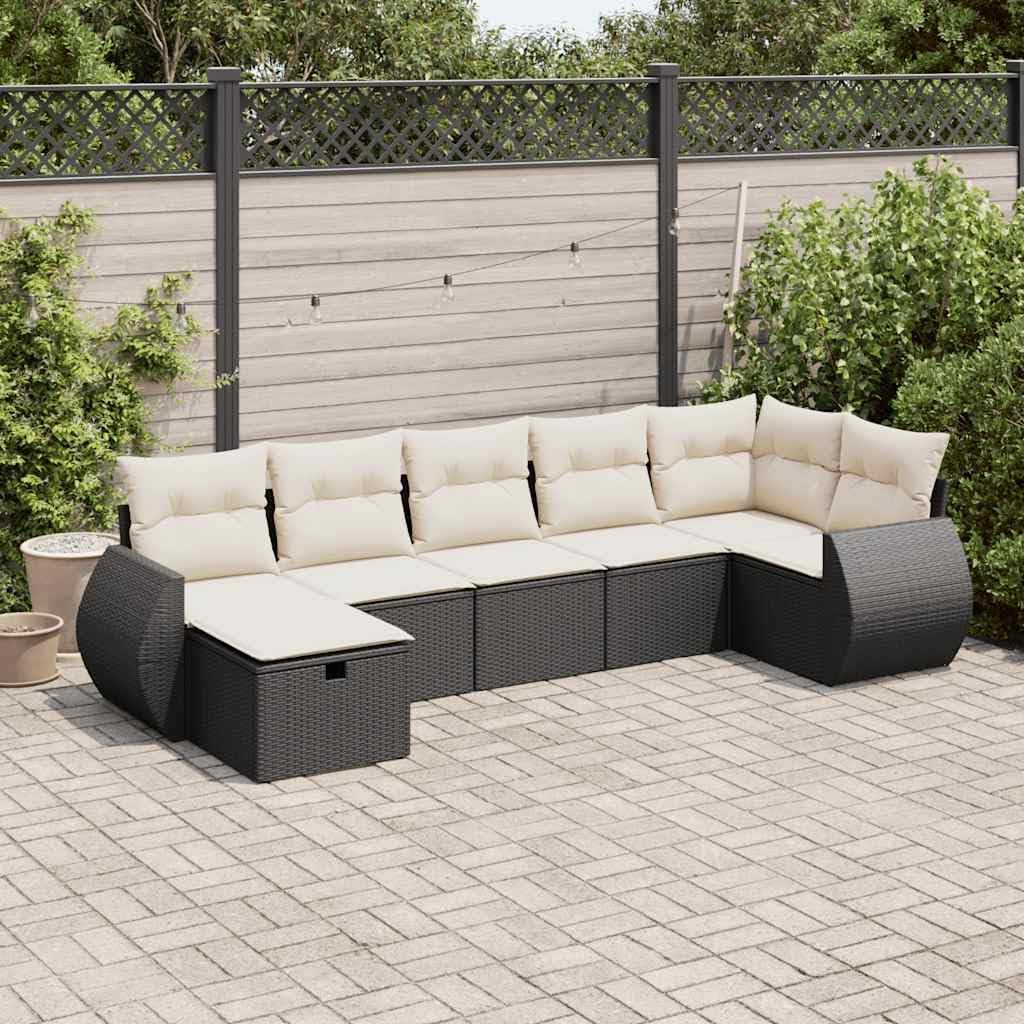 7 Piece Garden Sofa Set, Black PE Rattan Outdoor Patio Furniture with Adjustable Feet, Cream Cushions, Weather-Resistant, for Balcony, Terrace