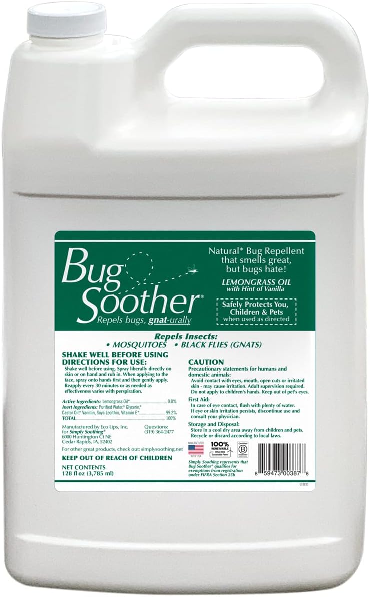 Bug Soother 1 Gallon - Natural Insect, Gnat and Mosquito Repellent & Deterrent with Essential Oils - 100% DEET-Free Safe Bug Spray for Adults and The Environment - Made in USA - W/O Sprayer