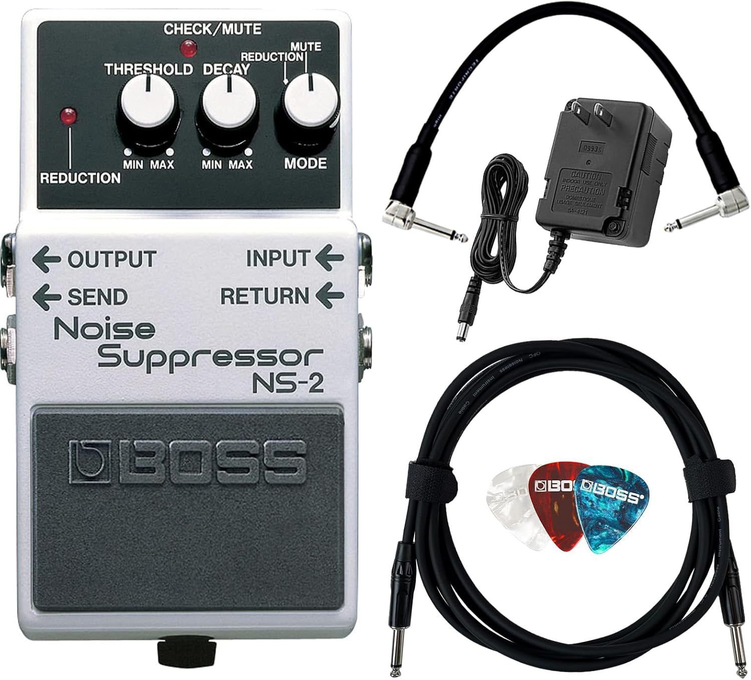 Boss NS-2 Noise Suppressor Bundle with Gearlux Power Supply, Instrument & Patch Cable, and Picks