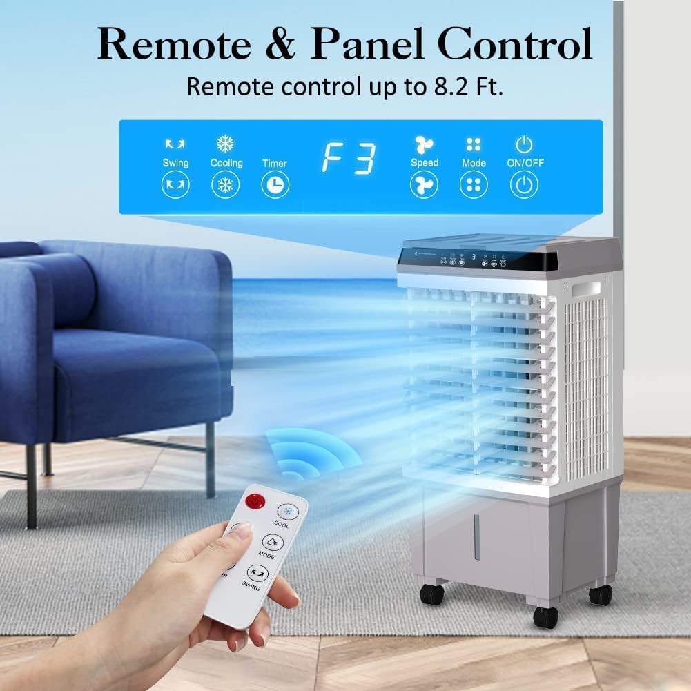 LifePlus Windowless Air Conditioner Evaporative Air Cooler Swamp Cooler 1800CFM Portable Cooling Fan with 4 Ice Packs, 12H Timer, Remote Control, 5.2 Gallon Water Tank for Indoor Patio