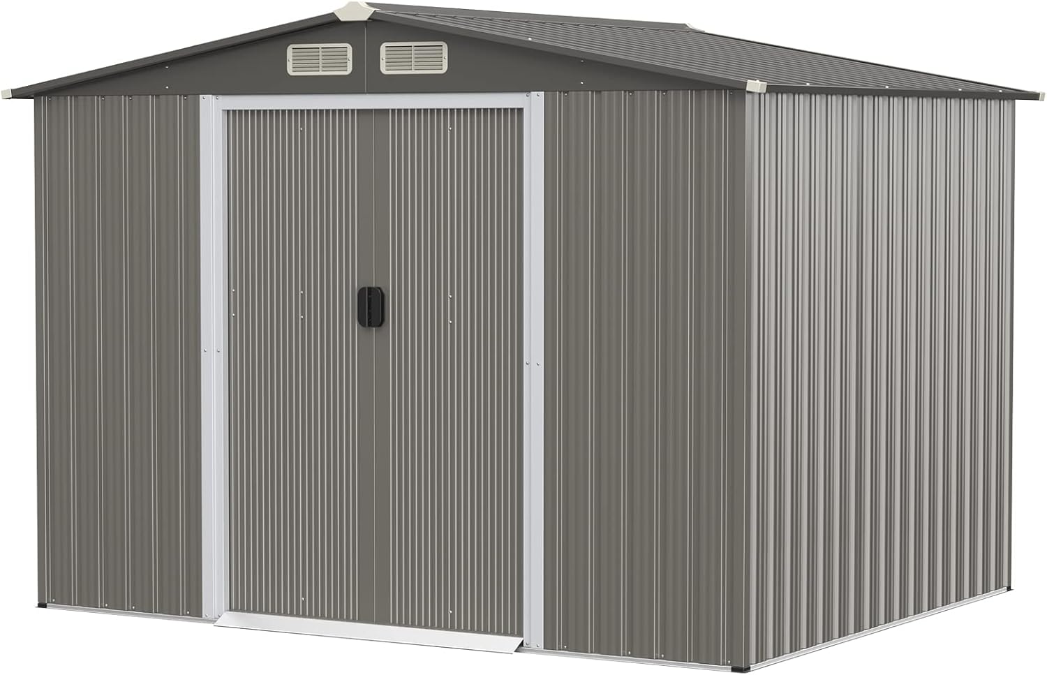 Goplus Outdoor Storage Shed, 8.5’ x 6.8’ x 6’ Weather-Resistant Utility Tool Organizer w/Foundation, 4 Louvers, Double Doors & Ramp, Galvanized Steel Tool Shed for Garden, Lawn, Yard
