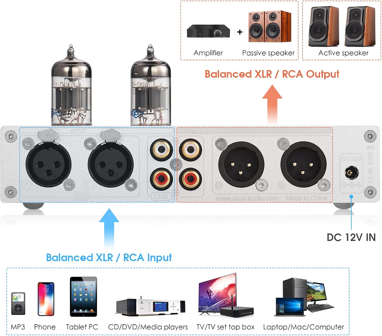 Douk Audio Balanced EQ Preamp: 7-Band Equalizer - Vacuum Tube Preamplifier with XLR RCA Inputs & Outputs - for Home Stereo HiFi System, Amplifiers, Active Speakers (T8 PRO Silver)
