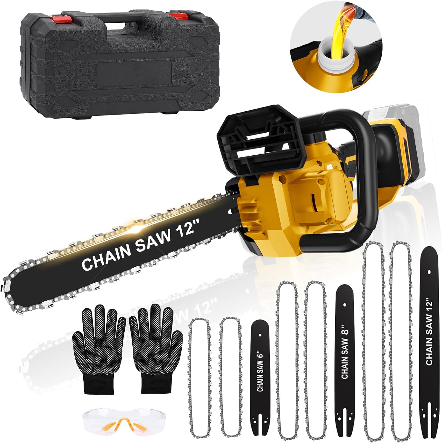 3-IN-1 Cordless Chainsaw for Dewalt 20V Max Battery, 12-Inch/ 8-Inch/ 6-Inch 1000W Brushless Portable Handheld Chain Saw with Guide Plates and Chain, Auto Oiler, for Wood Cutting (No Battery)