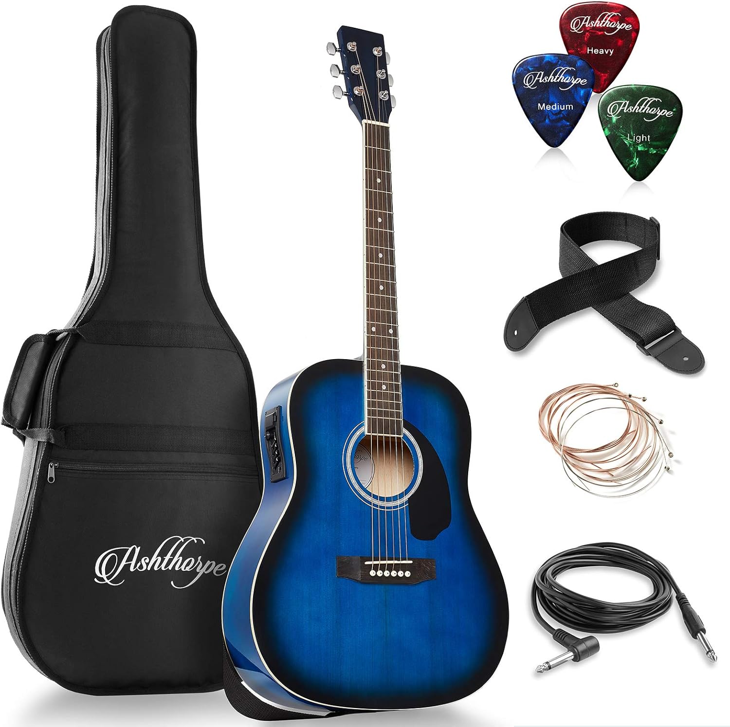 Ashthorpe Full-Size Dreadnought Acoustic-Electric Guitar Bundle - Premium Tonewoods - Blue