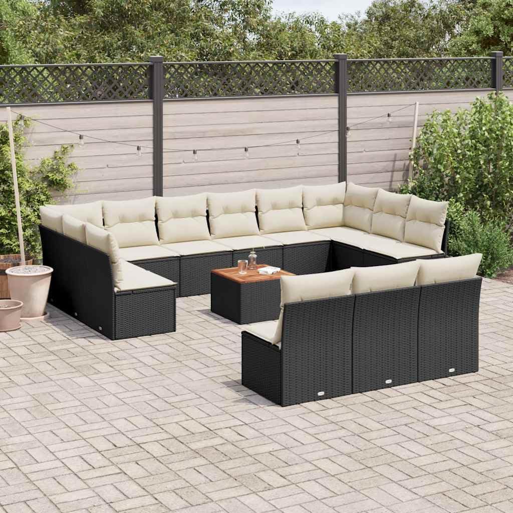 Large Modular Garden Sofa Set, Black PE Rattan Outdoor Patio Furniture, 14-Piece Sectional Seating with Cream Cushions for Balcony, Terrace, and Backyard